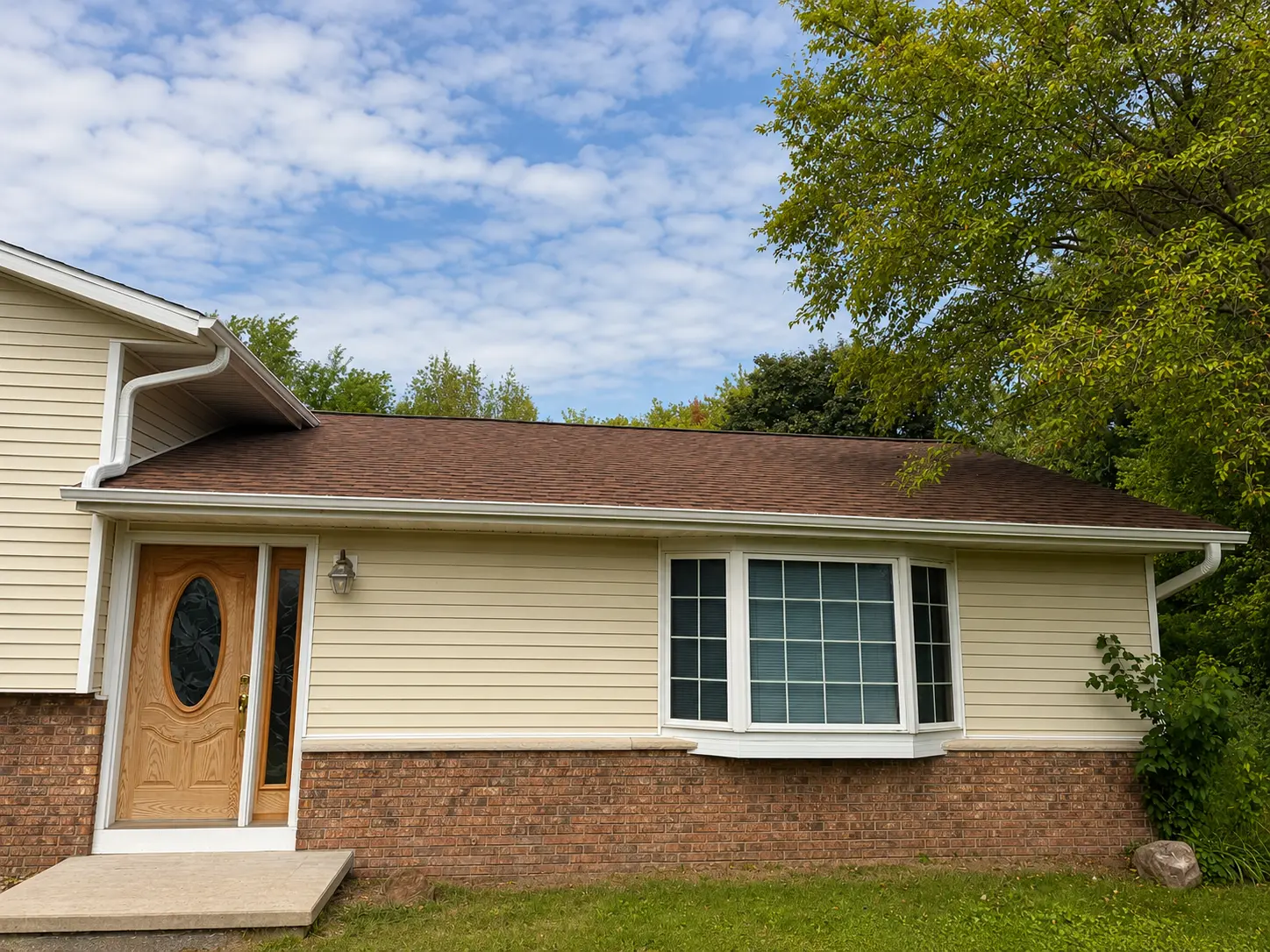 Side of a cream sided home with brick skirt, a brown shingle roof and new white gutters and downspouts.